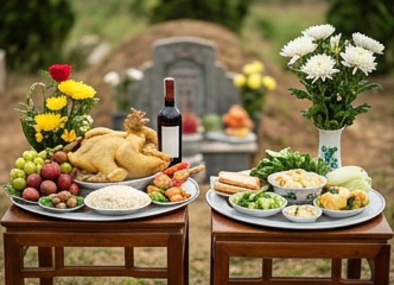 Văn khấn động thổ xây mộ: Bài cúng chuẩn và nghi thức tạ lễ 5 Hai mâm cúng riêng biệt được sắp xếp gọn gàng để dâng lên Ban Thần linh và huyệt mộ Gia tiên
