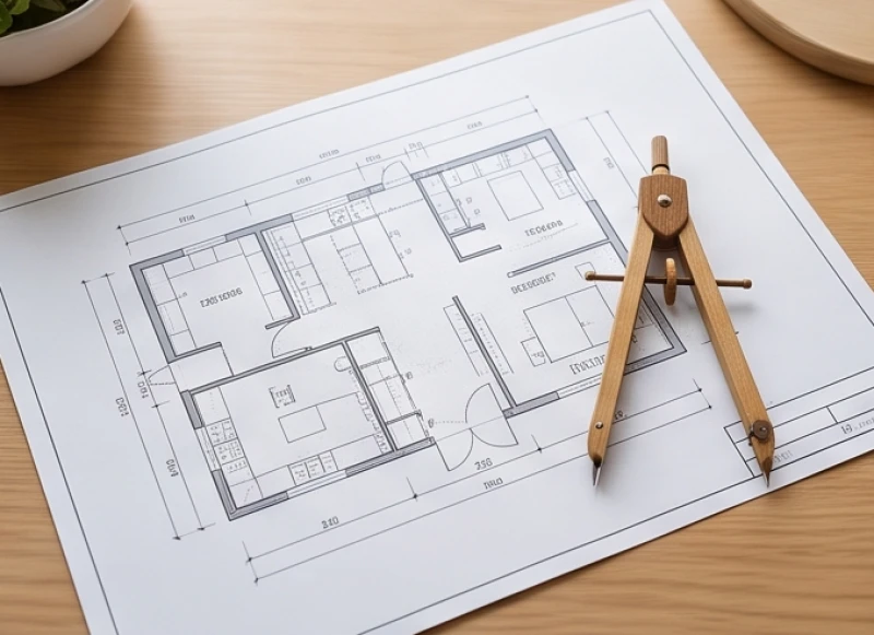 Bản vẽ mặt bằng phân chia không gian bếp thành tám phương vị chuẩn xác bằng la bàn.