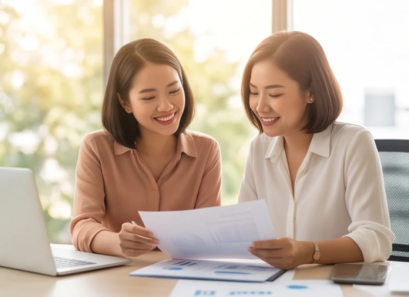 Mơ thấy mình có bầu sắp đẻ: Giải mã ngữ cảnh & con số tài lộc 7 Hai người phụ nữ đang tươi cười cùng nhau xem xét một bản kế hoạch kinh doanh chi tiết