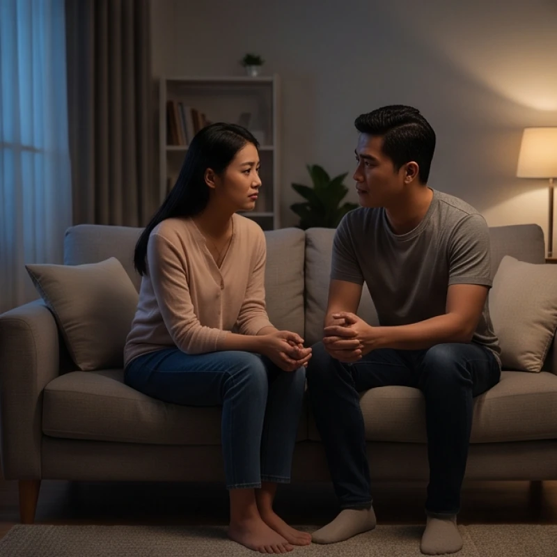 Mơ thấy người thân bị tai nạn: Điềm báo từng đối tượng & số chuẩn 4 Hai người ngồi cạnh nhau trên ghế sofa mờ ảo trong phòng khách yên tĩnh