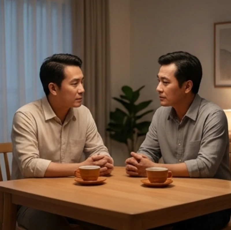 Mơ thấy anh trai chết là điềm gì: Giải mã bối cảnh & bộ số 5 Hai người đàn ông đang ngồi uống trà và thảo luận chân thành để san sẻ gánh nặng trong cuộc sống
