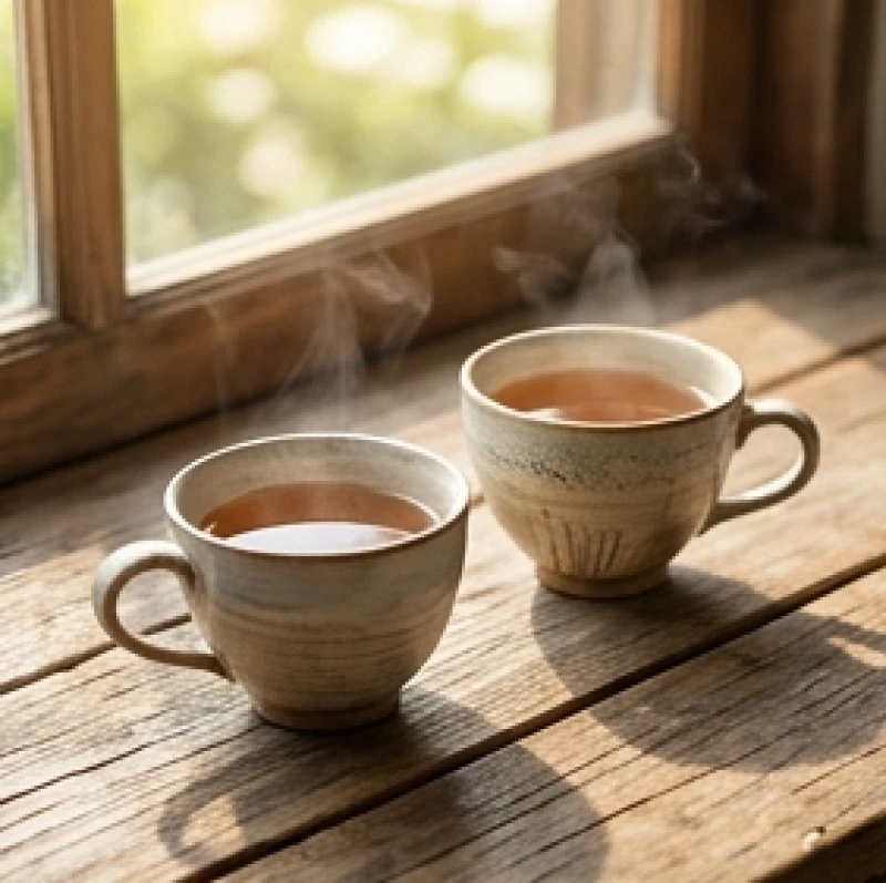 Hai tách trà nóng đặt cạnh nhau trên bàn gỗ mộc mạc thể hiện sự thấu hiểu và chia sẻ