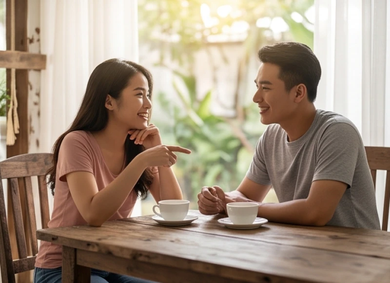 Đôi tình nhân trẻ vui vẻ trò chuyện và thưởng thức tách cà phê buổi sáng ngập tràn ánh nắng