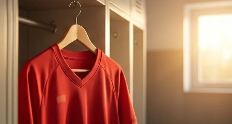 Chiếc áo đấu bóng đá màu đỏ được treo ngay ngắn trên móc gỗ trong phòng thay đồ