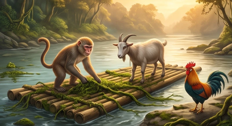 Quá trình gạt rong rêu và giải phóng chiếc bè gỗ trôi dạt ven bờ để chuẩn bị vượt dòng nước chảy xiết