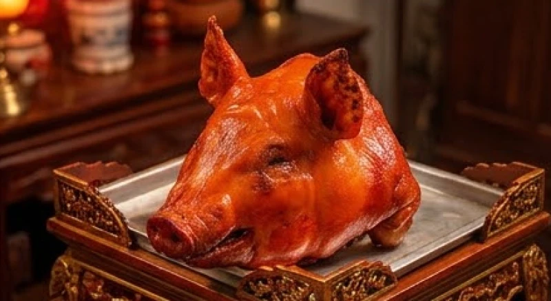 Chiếc đầu heo quay óng ả màu đỏ cam mang lại biểu tượng cho tài lộc bùng nổ