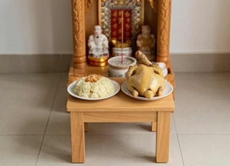 Văn khấn mùng 1 tại cửa hàng: Bài cúng chuẩn & quy trình xin lộc 3 Chiếc đôn gỗ nhỏ được kê ngay ngắn trước ban thờ Thần Tài để bày mâm cỗ mặn