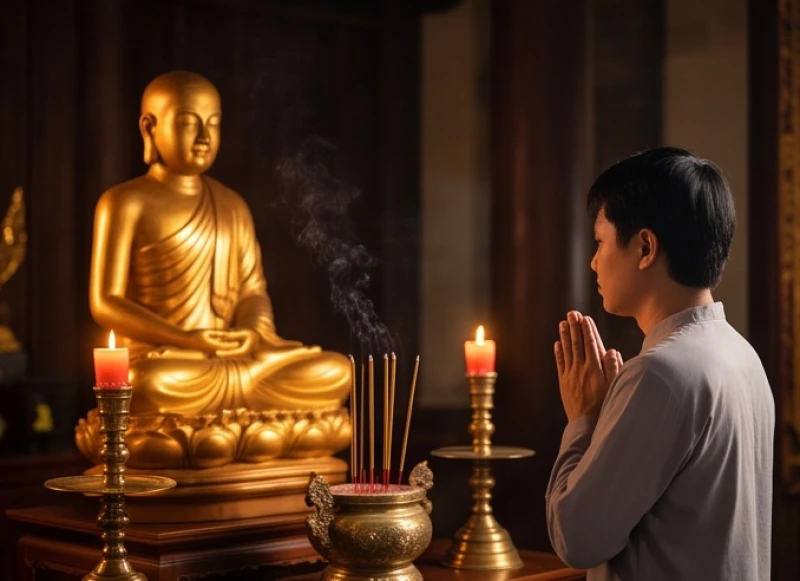 Văn khấn Đức Thánh Hiền tại chùa: Bài cúng chuẩn và sắm lễ chay 3 Người đi lễ chắp tay cung kính cầu nguyện trước tượng Đức Thánh Hiền tại không gian chùa tĩnh lặng