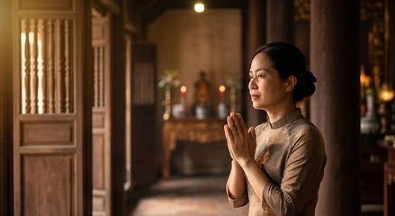Người đi lễ thành tâm chắp tay chiêm bái và cầu bình an tại đền Vua Cha Bát Hải
