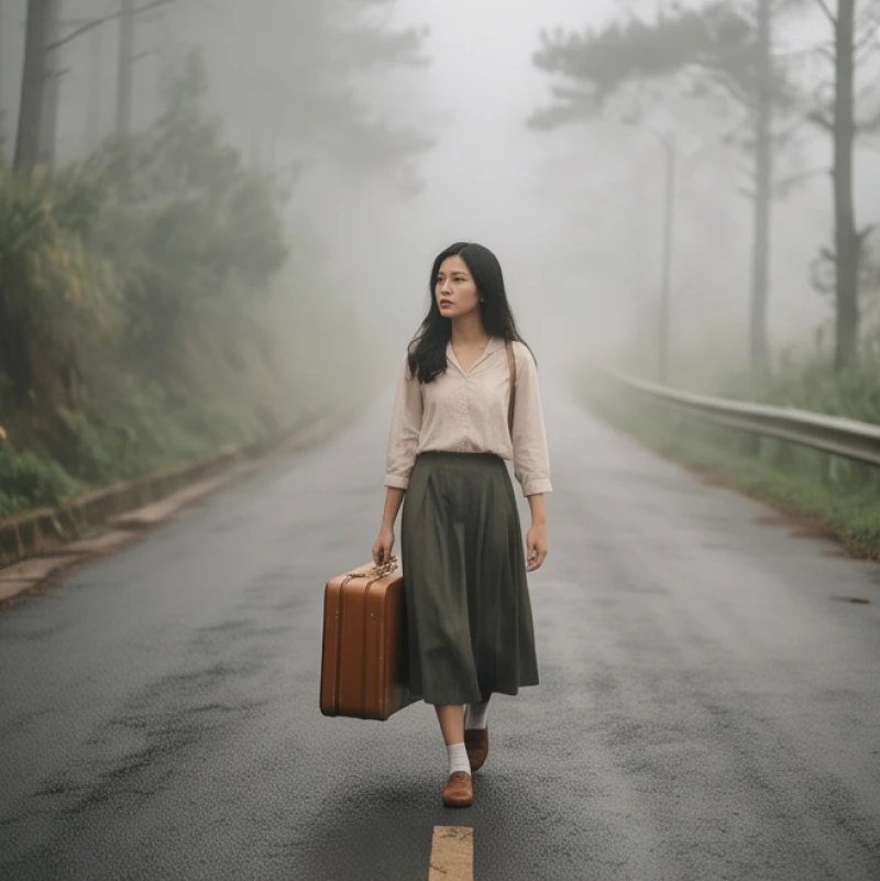 Cô gái trẻ một mình kéo chiếc vali du lịch trên con đường mờ sương tĩnh lặng hướng về phía trước