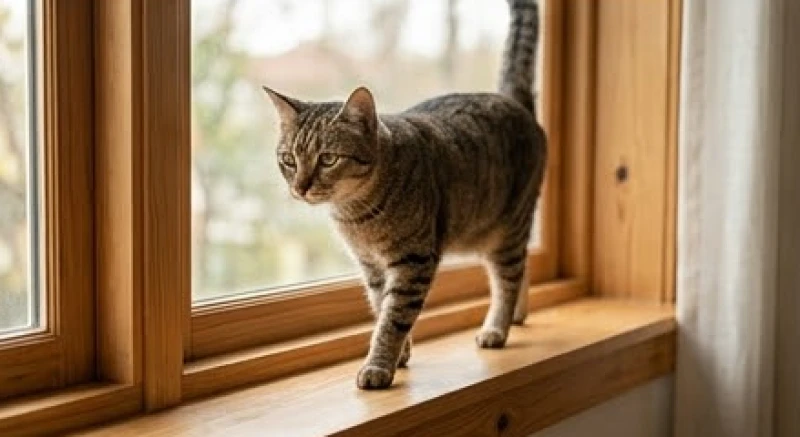 Một chú mèo mướp đang thong dong bước đi trên bệ cửa sổ đầy nắng trong ngôi nhà yên tĩnh