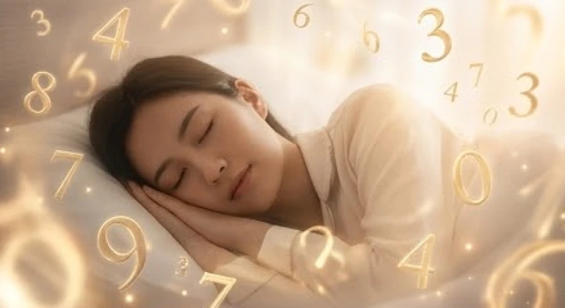 Người phụ nữ ngủ say với những dải ánh sáng vàng tạo hình các con số bay lượn xung quanh