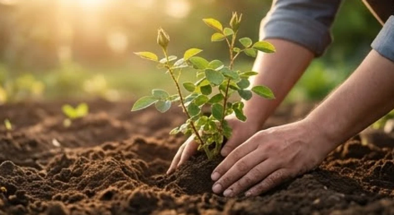 Mơ thấy hoa hồng là điềm gì: Giải mã chi tiết và mẹo hóa giải 4 Đôi bàn tay đang cẩn thận lấp đất và vun trồng một gốc hoa hồng non nớt dưới ánh nắng hoàng hôn ấm áp