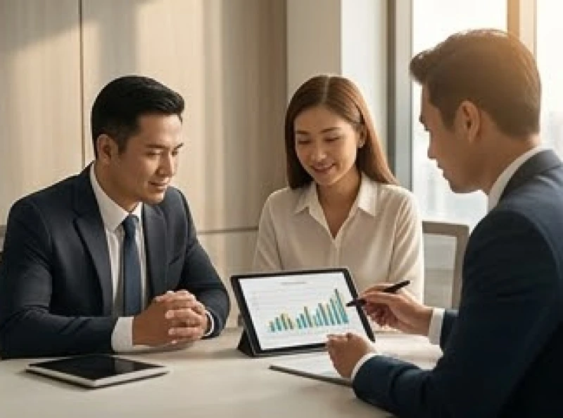 Ba cổ đông đại diện cho các tuổi Thân Tý Thìn đang cùng nhau phân tích biểu đồ tài chính trên bàn