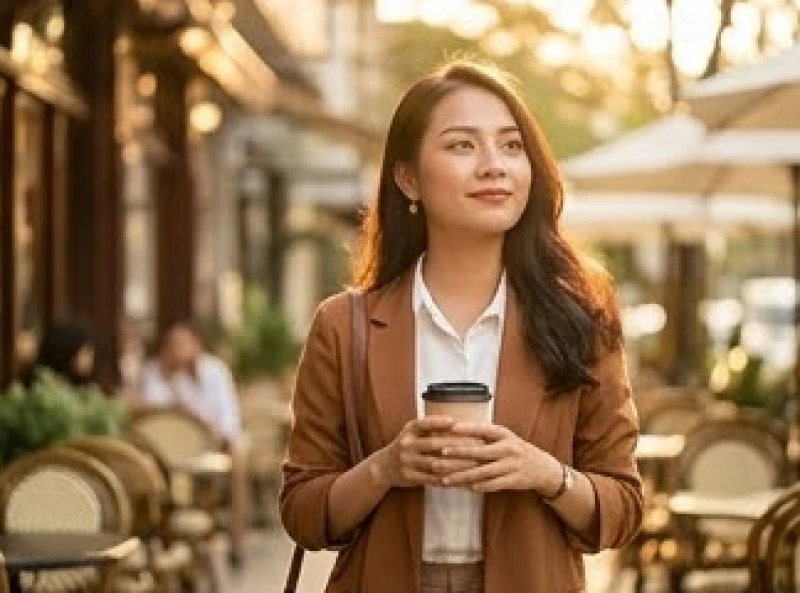 Cô gái trẻ tự tin đứng trước bàn cà phê, chuẩn bị tinh thần cho những buổi gặp gỡ mở rộng mối quan hệ