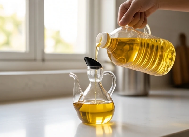 Dầu ăn vàng óng đang được rót cẩn thận từ can nhựa lớn sang một chai thủy tinh nhỏ gọn có nắp vòi rót thông minh