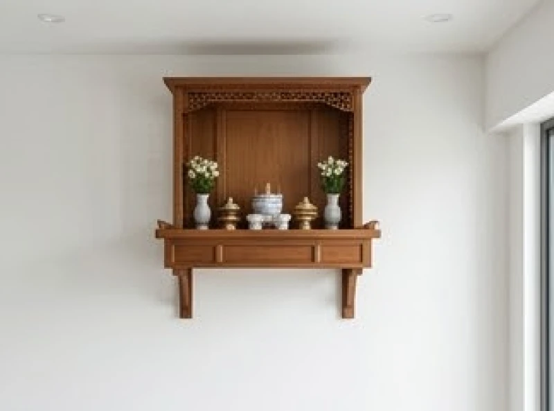 Hướng bàn thờ hợp tuổi Mùi: chuẩn 5 can chi và thước Lỗ Ban 9 Bàn thờ treo tường nhỏ gọn bằng gỗ được lắp đặt an toàn, cách mặt trần thạch cao một khoảng tiêu chuẩn