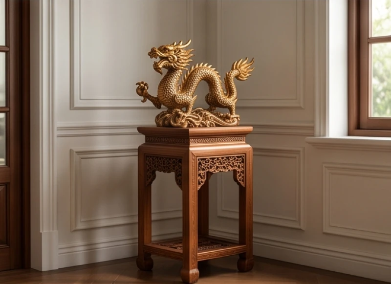 Đôn gỗ chạm trổ tinh tế cao khoảng tám mươi centimet dùng để nâng đỡ bức tượng rồng trong góc phòng làm việc