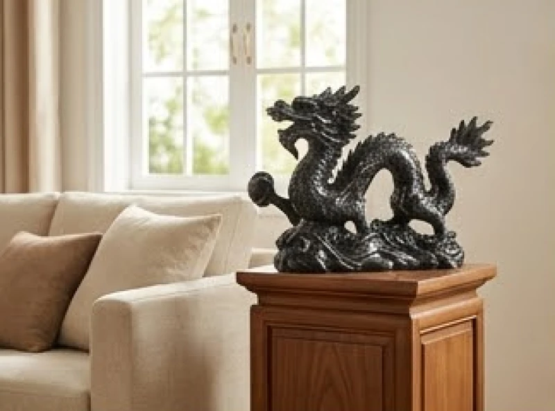 Tượng rồng bằng đá cẩm thạch đen đặt trên một chiếc đôn gỗ cao vừa tầm mắt cạnh ghế sofa trong phòng khách