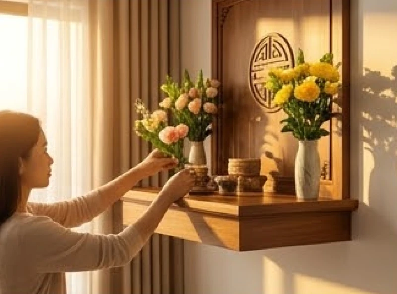 Bàn thờ treo tường được lắp đặt ở độ cao vừa tầm người đứng thắp hương trong một căn hộ chung cư