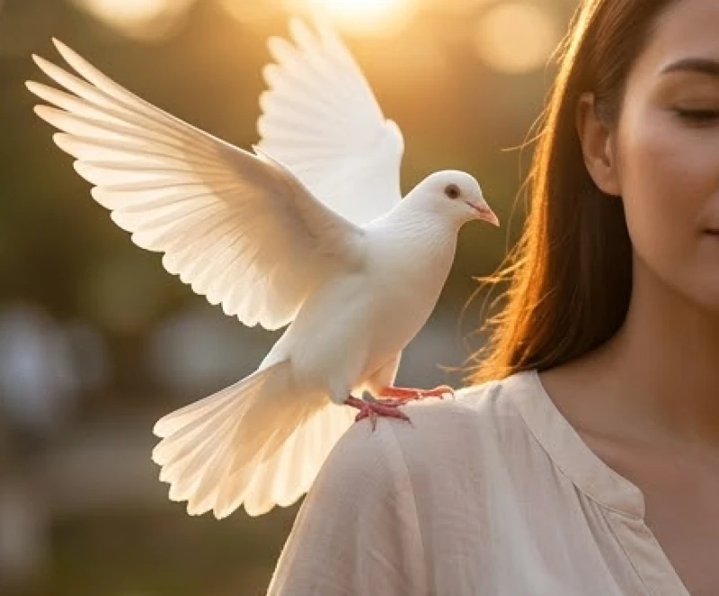 Chim đậu lên vai là điềm gì: Giải mã vai trái, vai phải 1 Chú chim bồ câu trắng dạn dĩ sà xuống và bay vào người, đậu vững vàng trên vai một người phụ nữ trong không gian ngập nắng