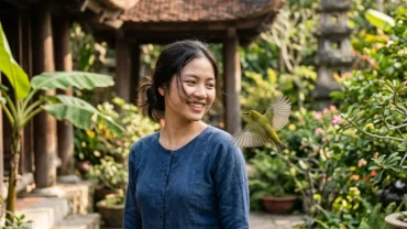 Một chú chim sẻ nhỏ bay sát bờ vai trong khu vườn yên tĩnh gợi mở thắc mắc chim bay vào người là điềm gì