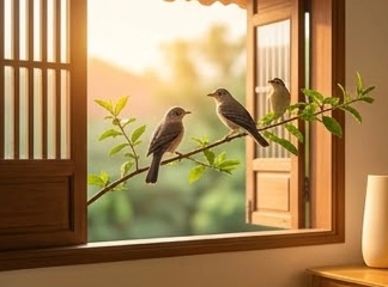 Đôi chim nhỏ đậu trên cành cây vươn vào khung cửa sổ gỗ mang theo sinh khí tươi mới