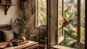 Hình ảnh chú chim nhỏ bay qua cửa sổ đầy nắng giúp giải mã chim bay vào nhà là điềm gì theo phong thủy