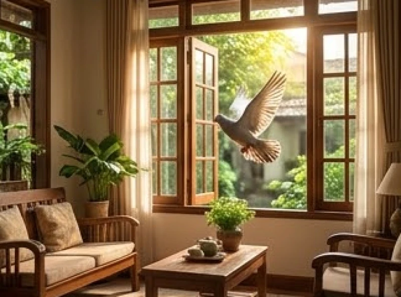 Chim bồ câu đang sải cánh bay qua bệ cửa sổ gỗ hắt nắng để tiến vào bên trong phòng khách