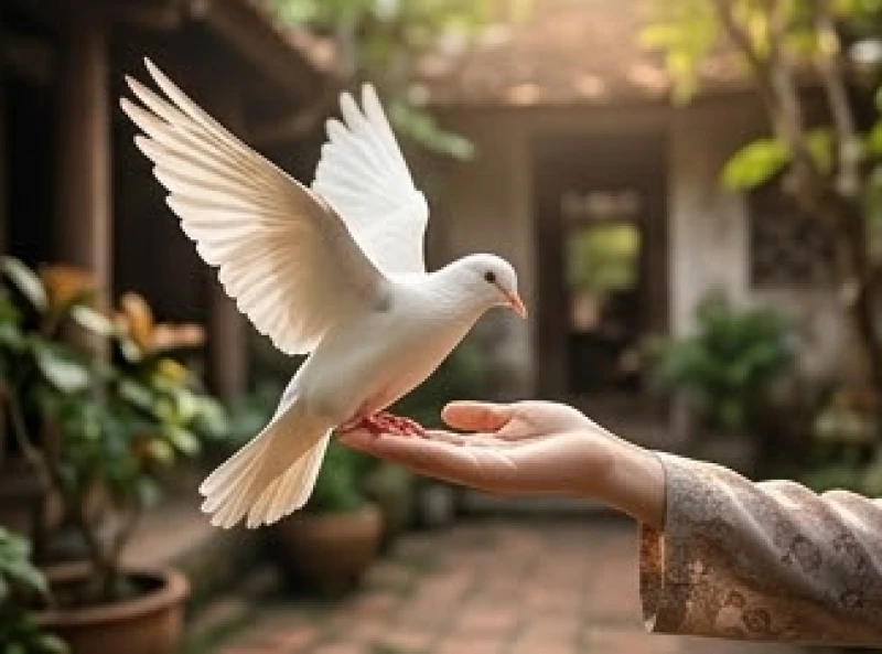Chú chim bồ câu hiền lành đang chủ động sà xuống và đậu gọn gàng trên lòng bàn tay