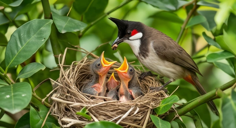 Chim chào mào mẹ đang ân cần mớm mồi cho bầy chim non háu đói trong tổ ấm