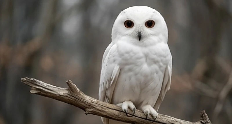 Con cú mèo màu trắng tuyết đang đậu trên cành cây khô với đôi mắt to tròn sắc bén quan sát