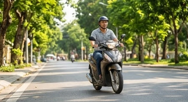 Người điều khiển xe máy đi chậm lại trên đường phố sau khi một chú chim bay sượt qua mũi xe