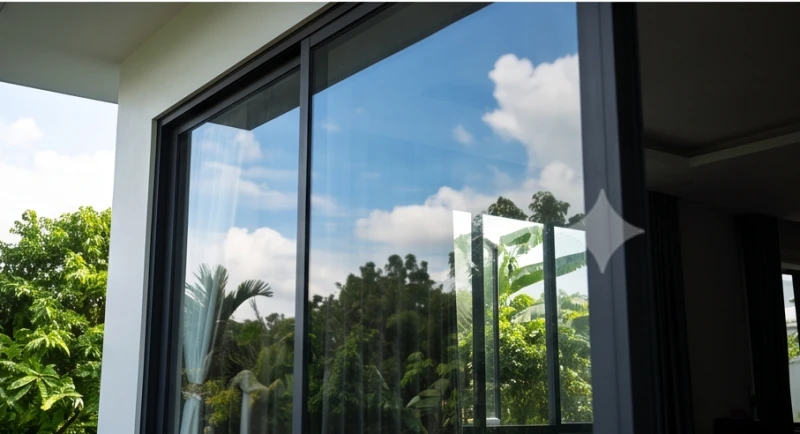 Hình ảnh phản chiếu của bầu trời xanh trên bề mặt cửa kính trong suốt