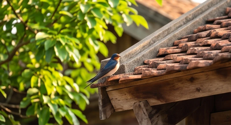 Chim én nhỏ đậu bình yên trên hiên nhà gỗ truyền thống ngập tràn ánh nắng ấm áp