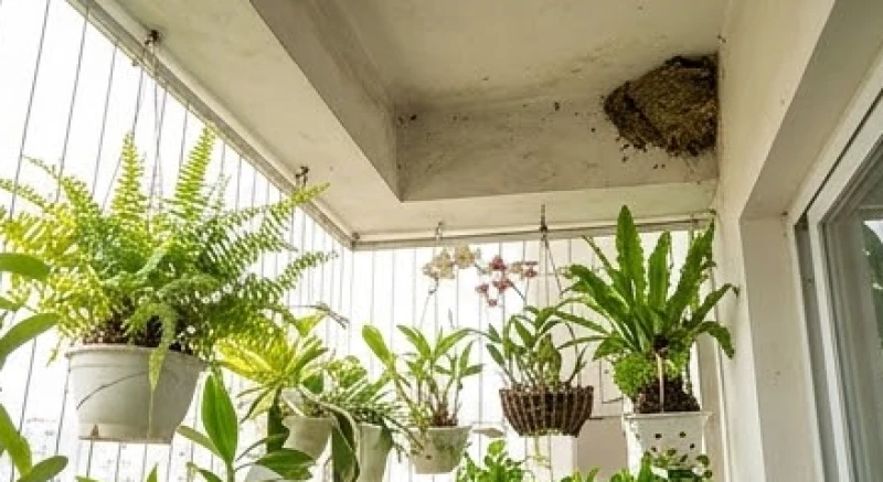 Tổ chim én nằm gọn trên trần ban công hướng đón nắng ấm buổi sáng
