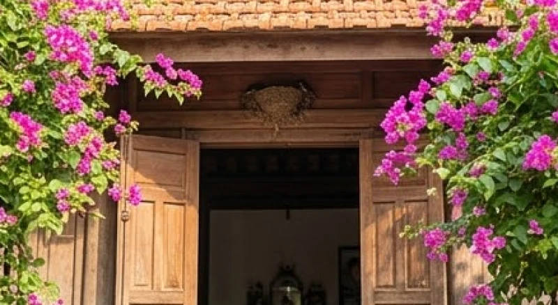 Tổ chim én gắn chắc chắn ngay trước mái hiên cửa chính bằng gỗ