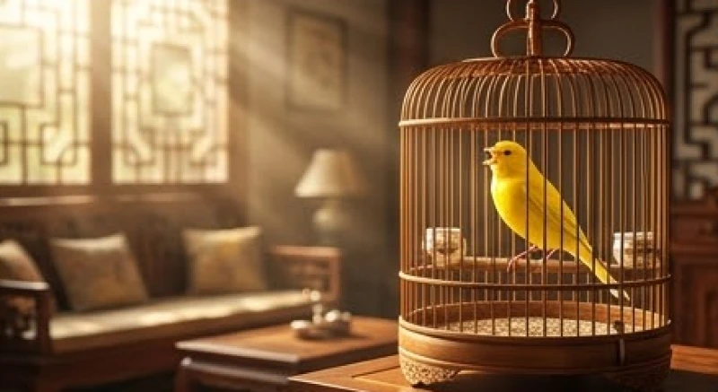 Mơ thấy chim màu vàng: Giải mã bối cảnh & con số may mắn 5 Chim hoàng yến màu vàng cất tiếng hót vang trong chiếc lồng gỗ tinh xảo đặt tại không gian phòng khách