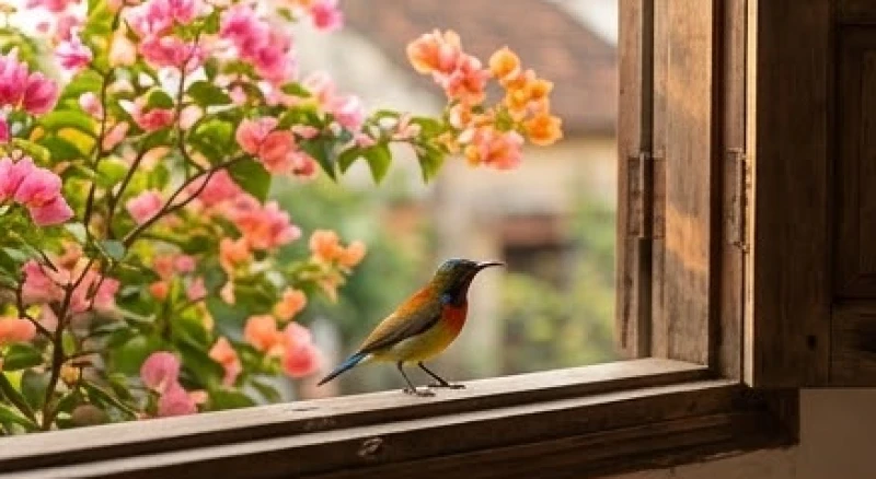 Một chú chim nhỏ đậu trên bậu cửa sổ ngập tràn ánh nắng báo hiệu những tin tức tốt lành và hỷ sự sắp tới