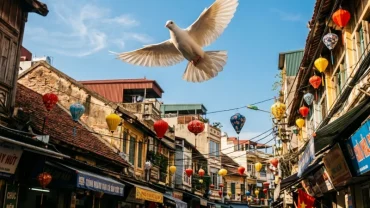Một chú chim đang bay lượn trên con phố Việt Nam gợi nhắc thắc mắc chim ỉa vào người là điềm gì