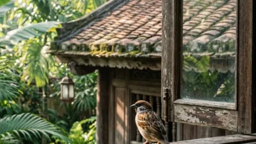 Hình ảnh chim chóc đậu hót trước hiên nhà truyền thống giúp giải đáp thắc mắc hiện tượng chim kêu là điềm gì trong phong thủy