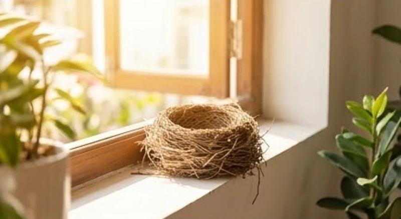 Chiếc tổ chim nhỏ xinh xắn được đan khéo léo trên bệ cửa sổ phòng khách ngập tràn ánh nắng mặt trời