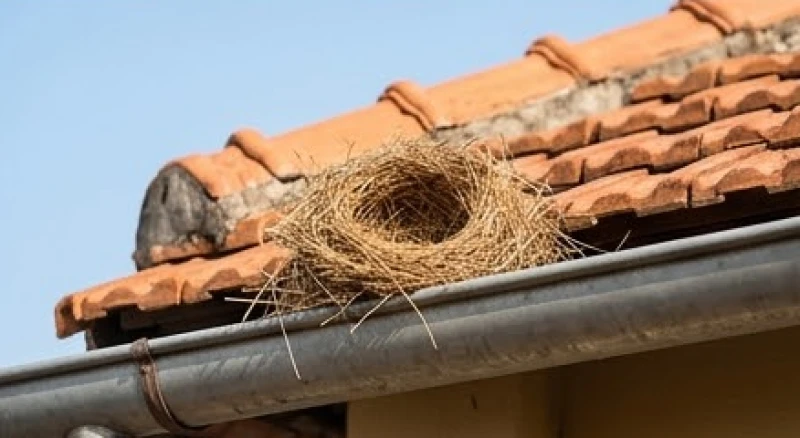 Tổ chim chắc chắn đan bằng cỏ khô nằm gọn bên trong máng xối nước dưới mái ngói để che mưa chắn gió