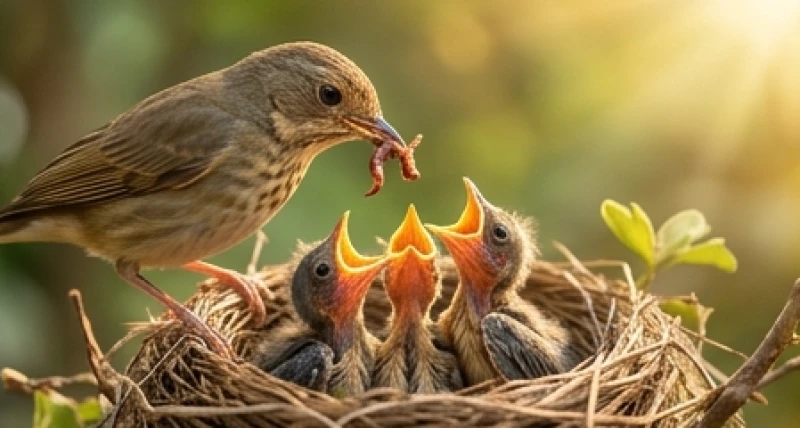 Chim mẹ đang chăm chỉ mớm mồi cho bầy chim non ríu rít trong tổ báo hiệu tài lộc và sự êm ấm gia đạo