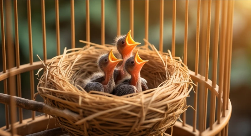 Mơ thấy nuôi chim trong lồng: Giải mã tâm lý & sổ mơ tài lộc 6 Ổ rơm nhỏ êm ái đặt góc lồng tre với những chú chim non đang háu đói vươn cổ chờ được mớm thức ăn