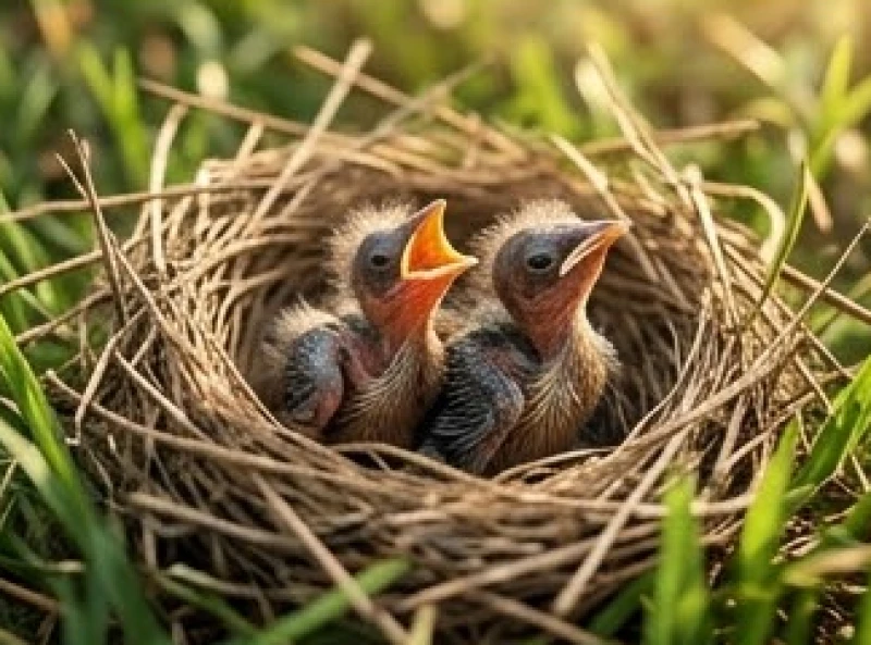 Hai chú chim non chưa mọc hết lông đang háu đói nằm gọn trong chiếc tổ bị rơi xuống bãi cỏ