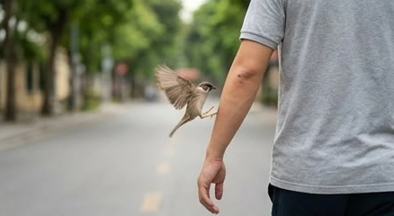 Một chú chim nhỏ bay sượt qua cánh tay của người đang đi bộ trên con đường rợp bóng mát