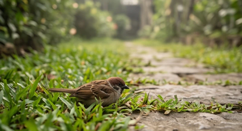 Một chú chim nhỏ nằm rơi trên thảm cỏ xanh trong góc sân vườn