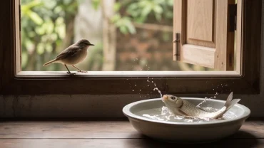 Điềm báo chim sa cá nhảy được khắc họa qua một con chim nhỏ đậu ven cửa sổ và cá chép quẫy nước vọt lên bờ