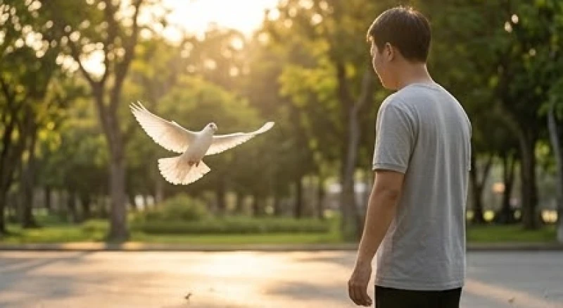 Một chú chim bồ câu trắng bay lượn sà xuống gần người đang đứng trong công viên buổi sáng